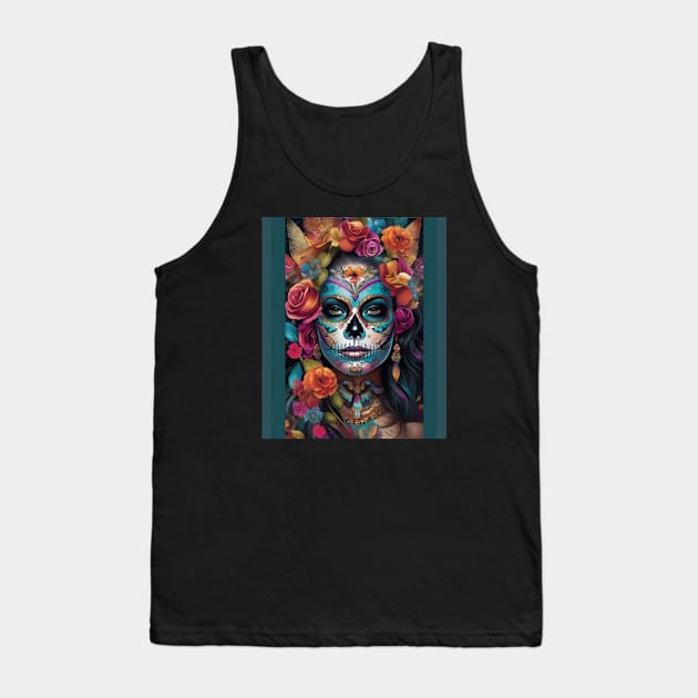 Floral Fiesta: Woman Embraces Dia de los Muertos with Sugar Skull Makeup Tank Top by ImaginativeInkPOD